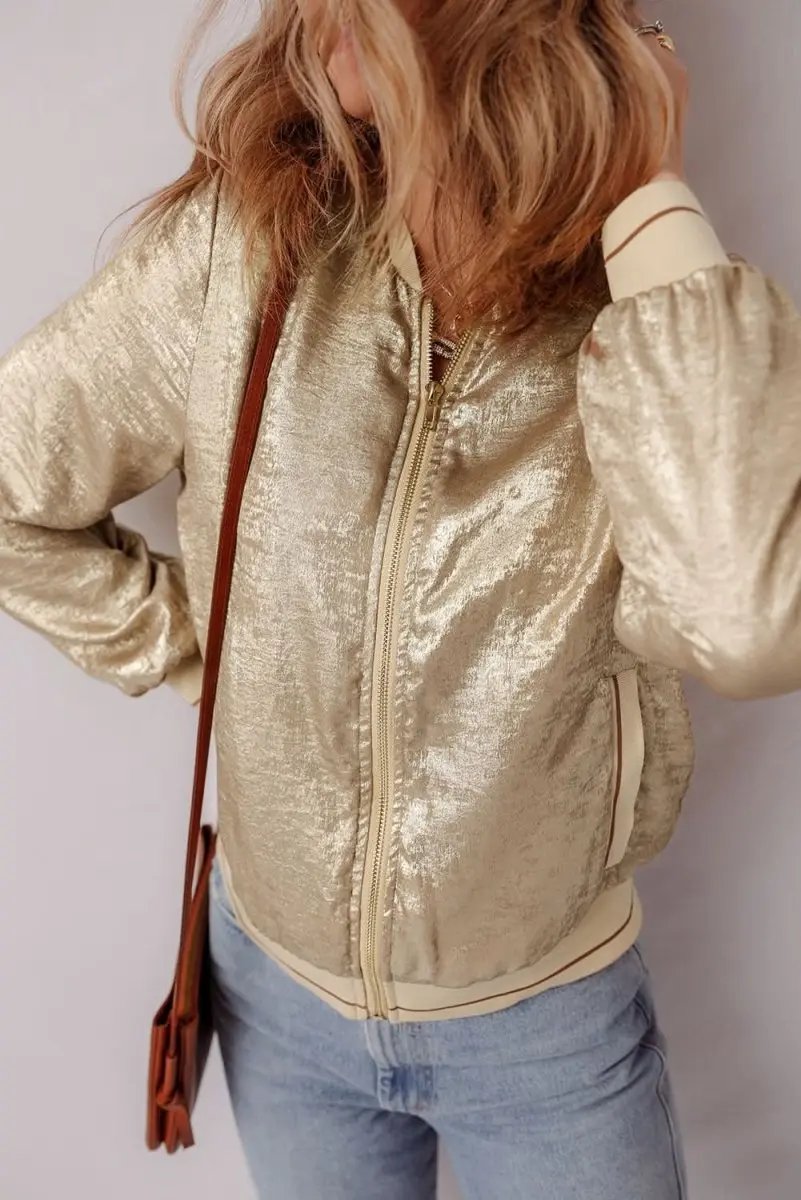 Pale Khaki Metallic Zip up Baseball Jacket - Love Salve